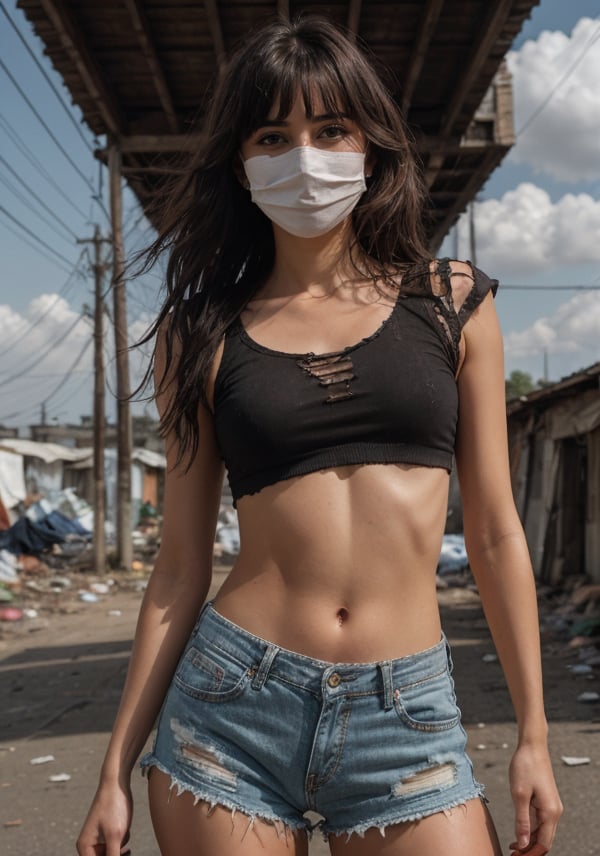 18 years old girl, homeless girl, blue eyes, long wavy brown hair, front hair bangs, messy hair, ripped torn tees, torn ripped tight crotch shorts, surgical mask, covid mask.
at the slum village, clouds, skies, best quality, photorealistic, high resolution, 8K raw photo,