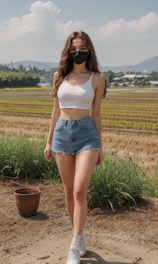 19 years old girl, college girl, blue eyes, long wavy messy brown hair, blonde highlight hair, long front bangs, white skin, smooth thigh, proprtional body. transparent black crop top, tight denim skirt. white shoes, surgical mask, covid mask. in the backyard, rice fields from a distance, HD, 4K,  