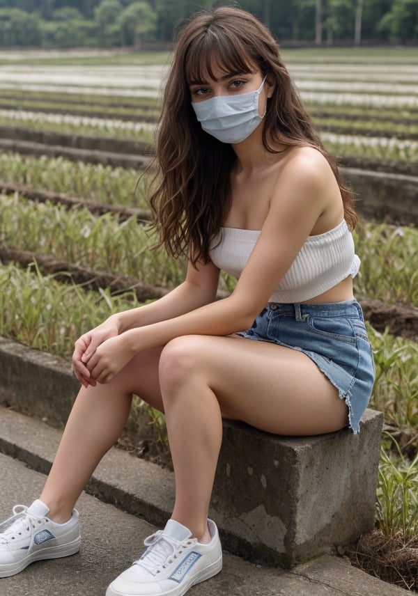 19 years old girl, blue eyes, long wavy messy brown hair with slightly blonde highlight, long front bangs, strapless black tanktop, denim micro skirt, surgical mask, covid mask, wearing headscarf, white sneaker shoes, HD, 16K, sitting down in the middle rice fields
