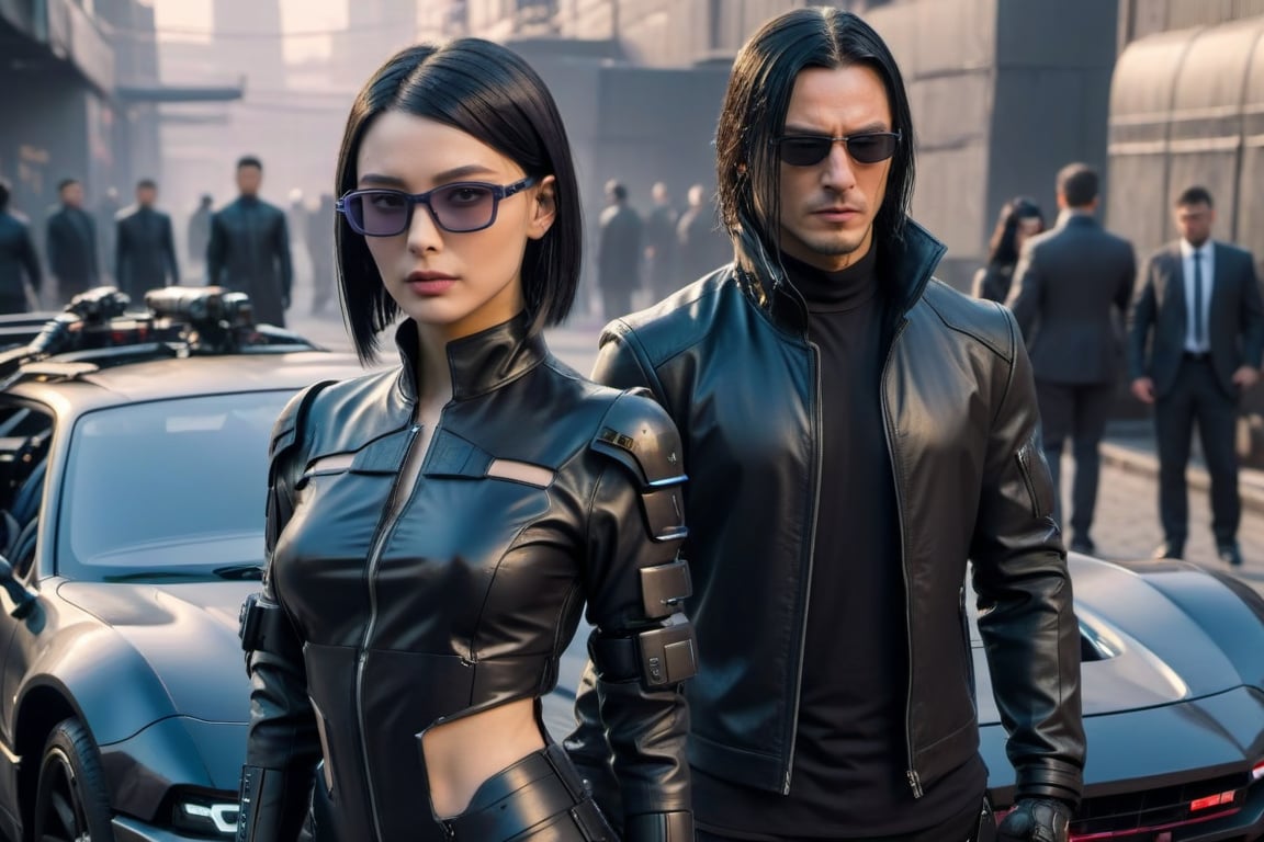 1girl,black hair,1men,c_car,european,business clothes,black clothes,leather clothes,cyberpunk glasses,car behind them,looking not to the viewer