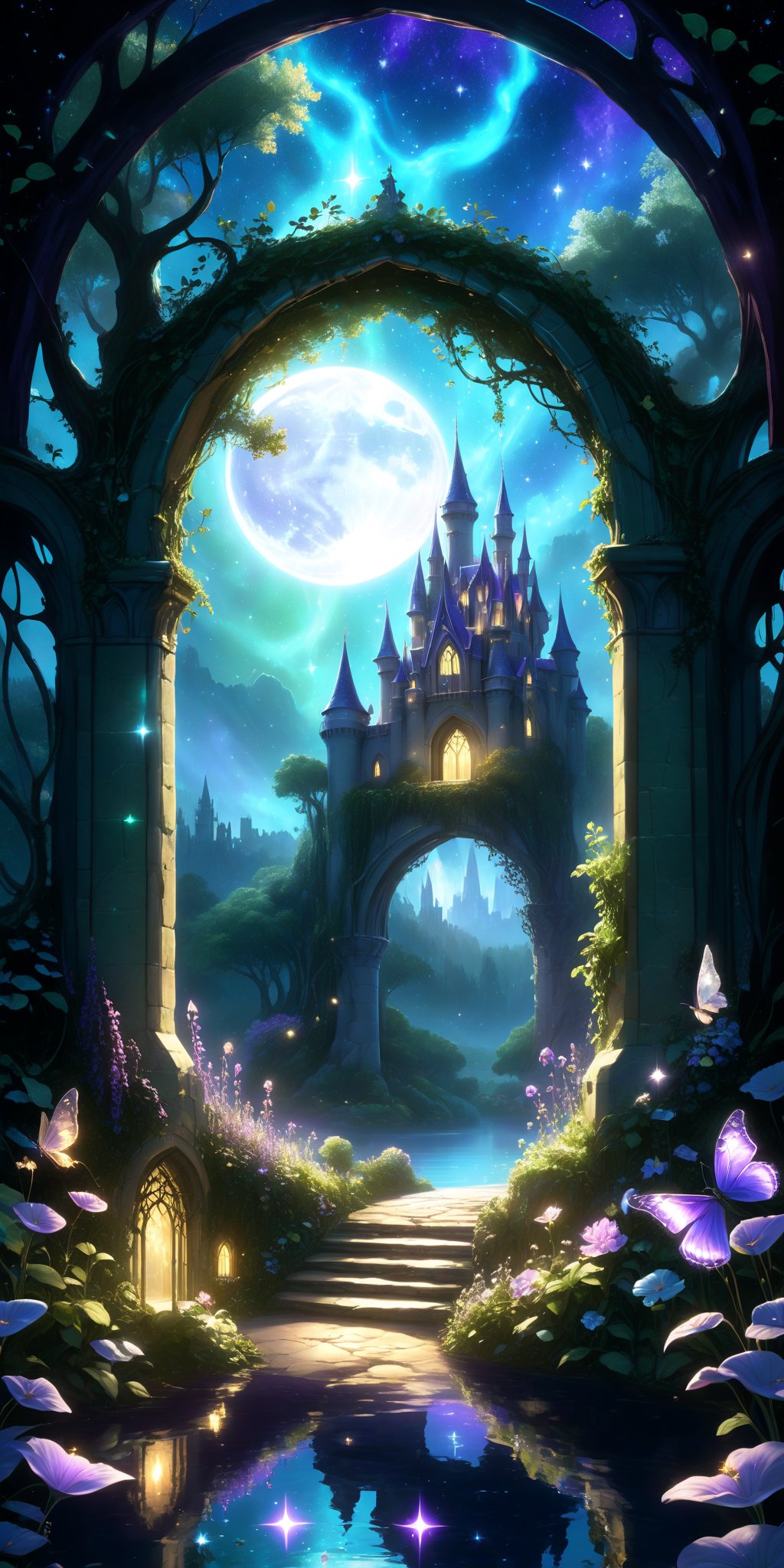 A dreamy and magical scene at night, featuring a mystical forest with lush trees, blooming flowers, and vine-covered archways. In the starlit sky, the moon shines softly, casting a gentle glow on the surroundings. Ethereal beings like fairies and elves dance among the trees, while mysterious animals such as unicorns, butterflies, and owls roam freely. The atmosphere is filled with the shimmer of magic beams, bubbles, and halos, creating a romantic and mysterious ambiance with colors of blue, purple, green, gold, and silver. Add a mysterious castle to the scene with iridescent effects, movie-style lighting, twinkling stars, and a dusting of magical powder. Include a lake that reflects the starlight.