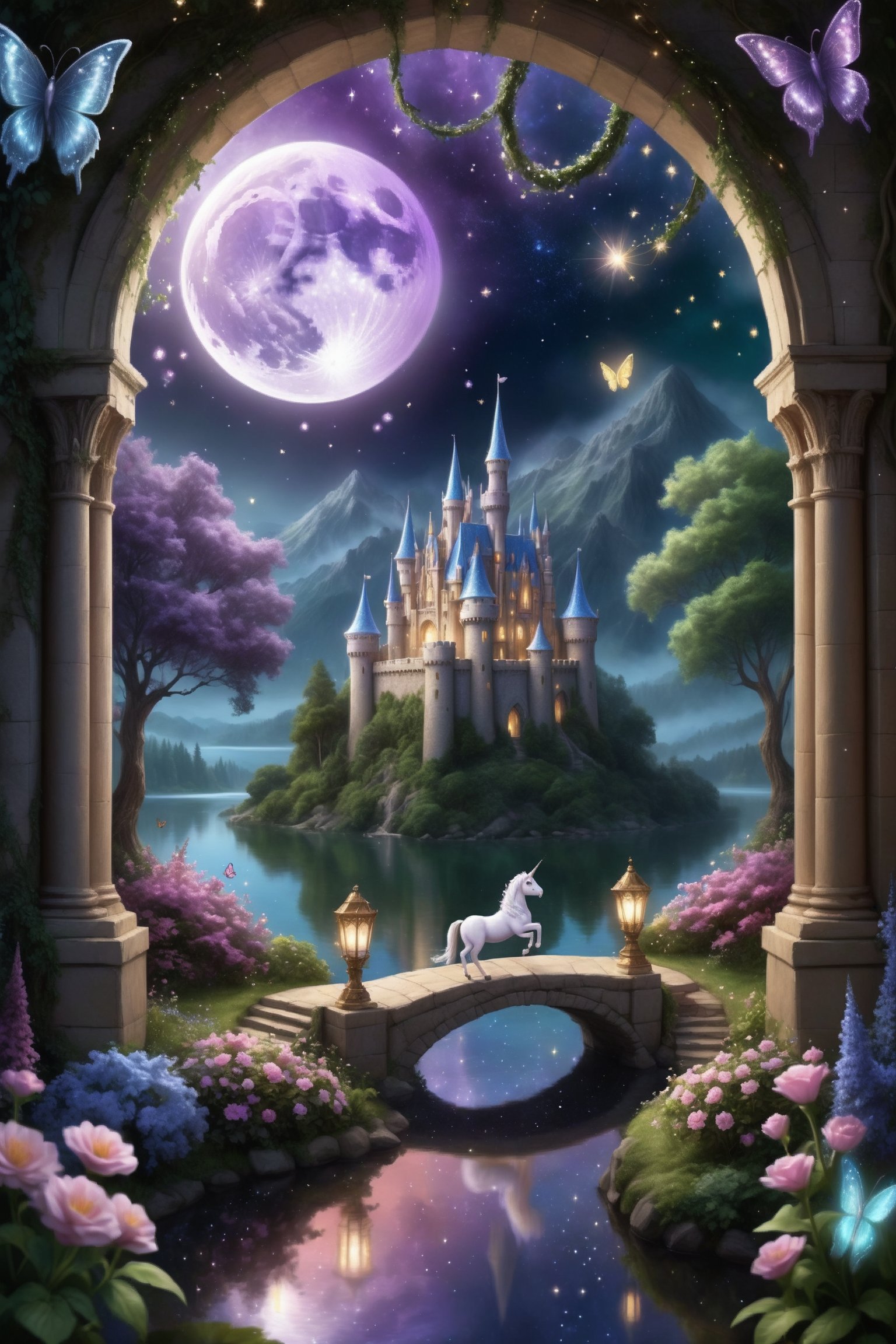 A dreamy and magical scene at night, featuring a mystical forest with lush trees, blooming flowers, and vine-covered archways. In the starlit sky, the moon shines softly, casting a gentle glow on the surroundings. Ethereal beings like fairies and elves dance among the trees, while mysterious animals such as unicorns, butterflies, and owls roam freely. The atmosphere is filled with the shimmer of magic beams, bubbles, and halos, creating a romantic and mysterious ambiance with colors of blue, purple, green, gold, and silver. Add a mysterious castle to the scene with iridescent effects, movie-style lighting, twinkling stars, and a dusting of magical powder. Include a lake that reflects the starlight.