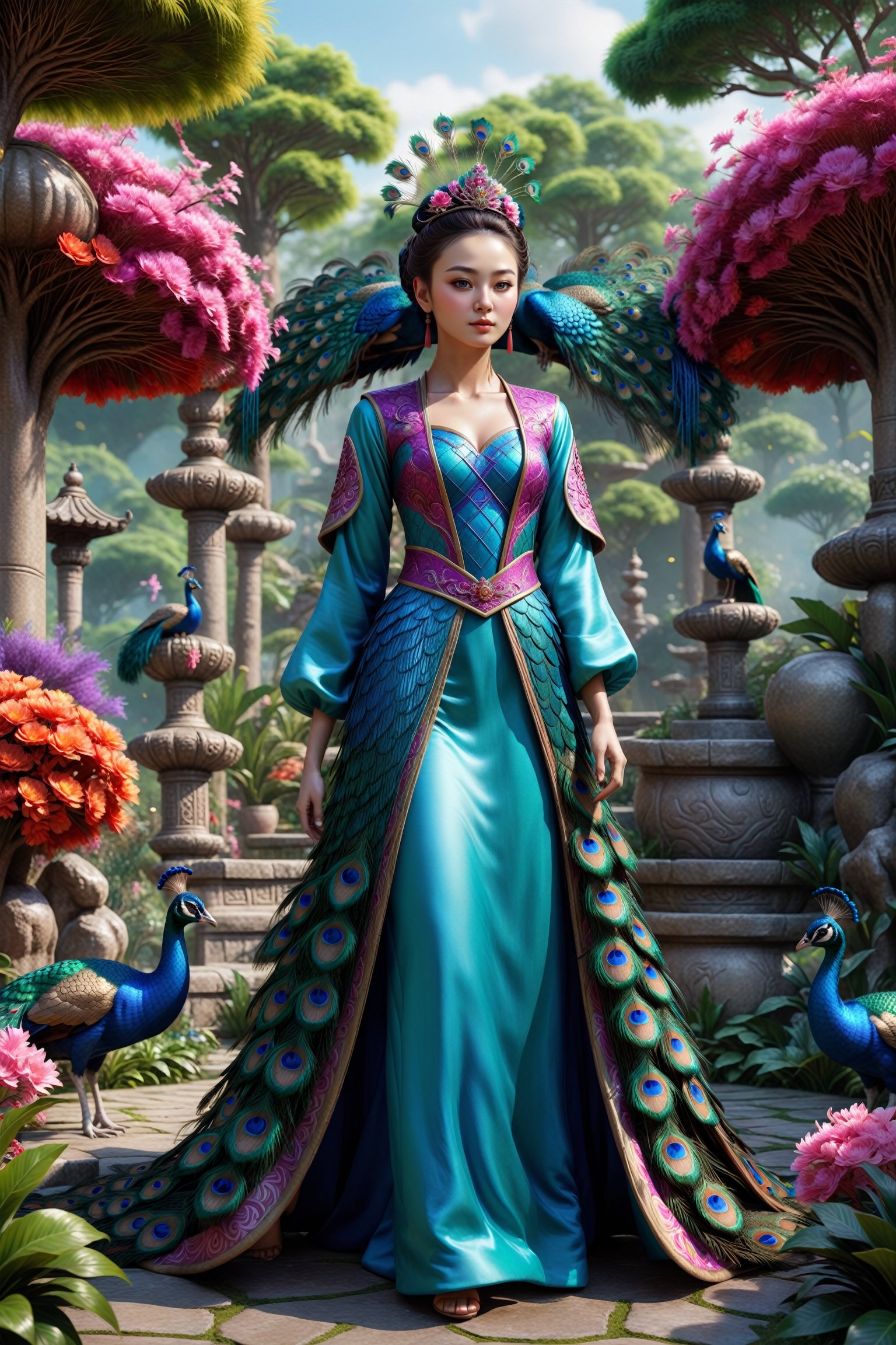 A peacock princess in the center of a mysterious garden, inspired by Chinese mythology, with vivid and vibrant colors, combining traditional elements with modern aesthetics. A realistic human character in 3D style, 8K high resolution, with vivid and iridescent colors.