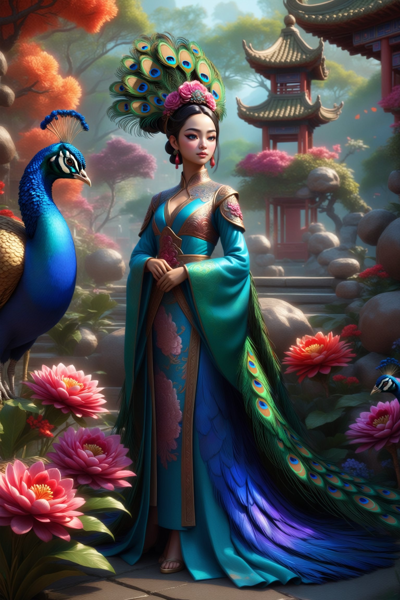 A peacock princess in the center of a mysterious garden, inspired by Chinese mythology, with vivid and vibrant colors, combining traditional elements with modern aesthetics. A realistic human character in 3D style, 8K high resolution, with vivid and iridescent colors.