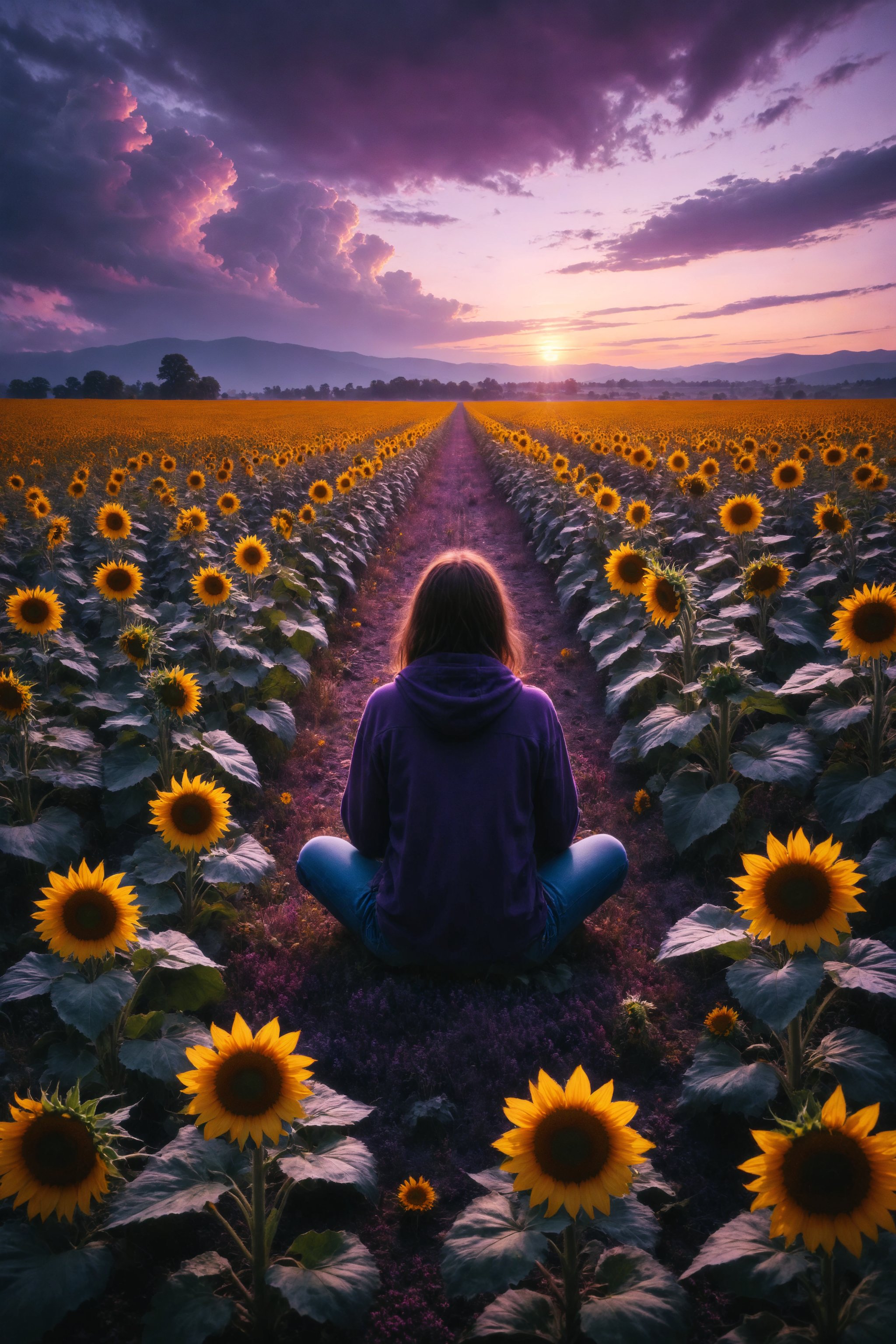 Generate an image of a person sitting in a field of giant sunflowers under a purple dusk sky.