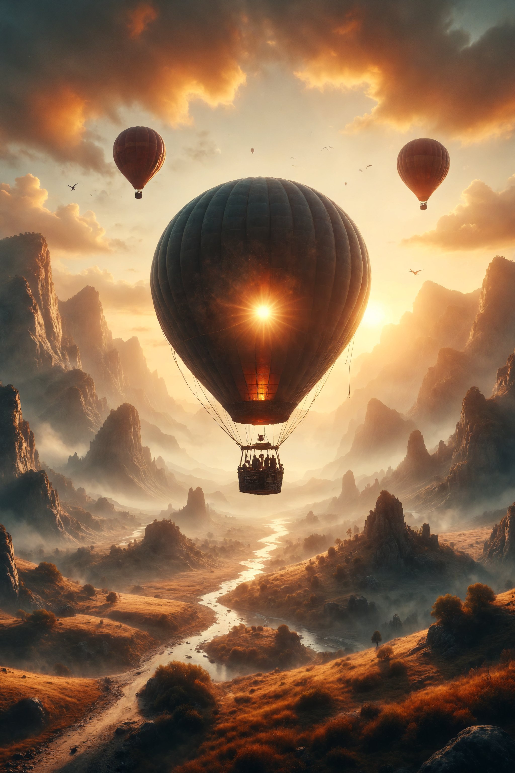 Design a scene where a person flies over a mountainous valley in a hot air balloon, with the rising sun illuminating the horizon.