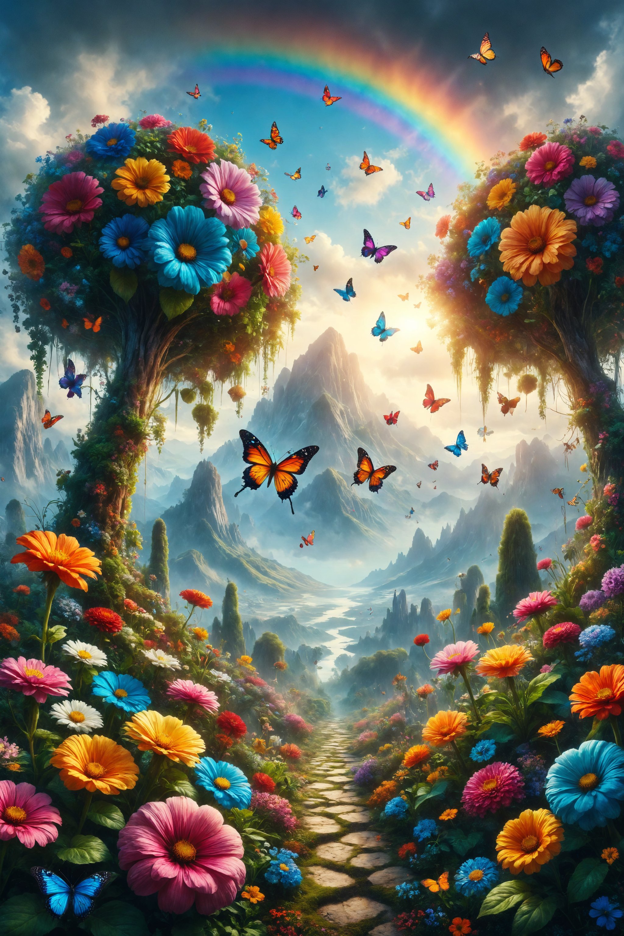 Create an illustration of a hanging garden in the sky, with giant flowers in vibrant colors and butterflies fluttering. A rainbow connects the garden to a distant mountain.