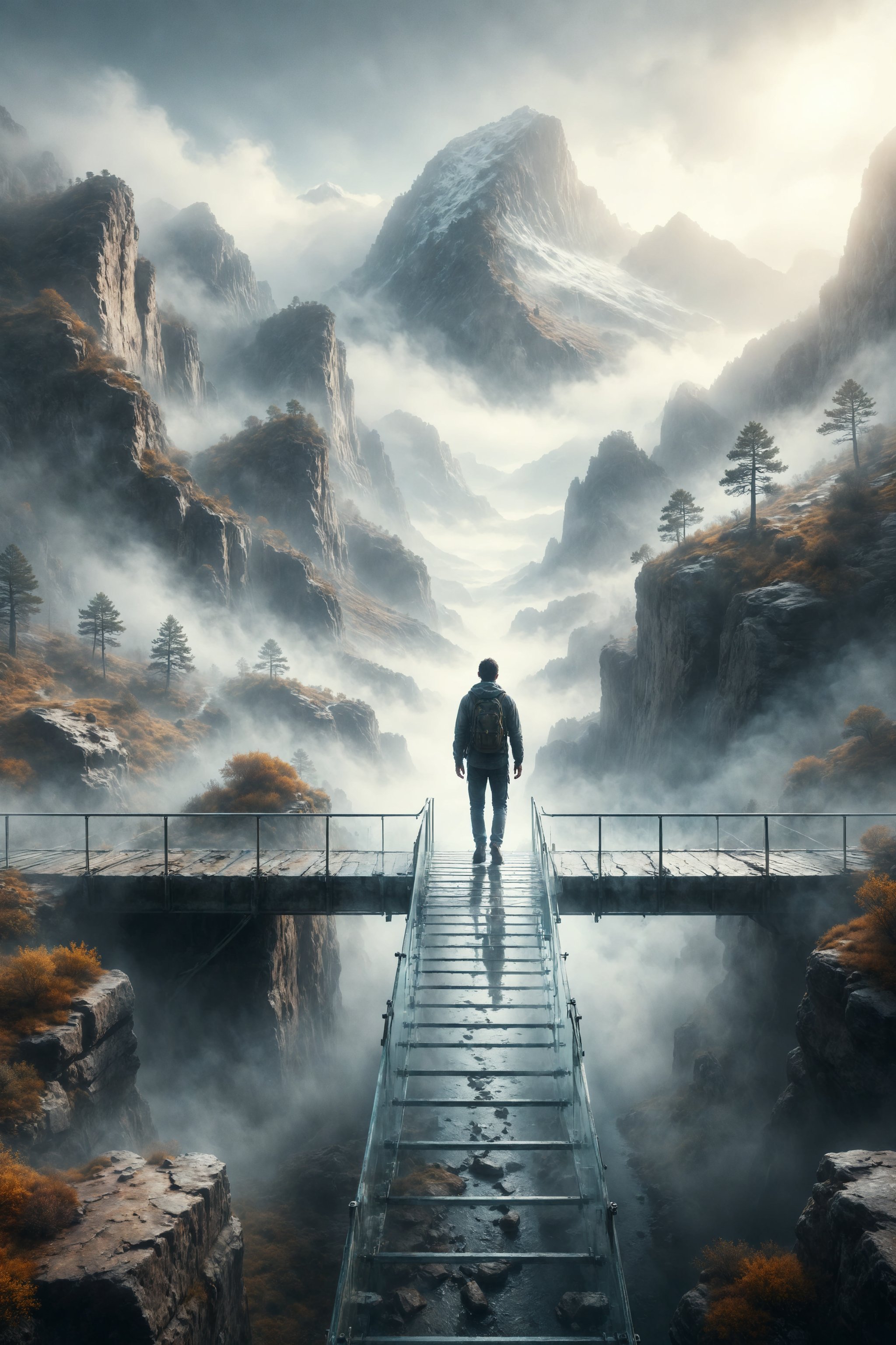 Create an illustration of a person walking on a glass bridge over a fog-filled canyon, with mountains in the distance.