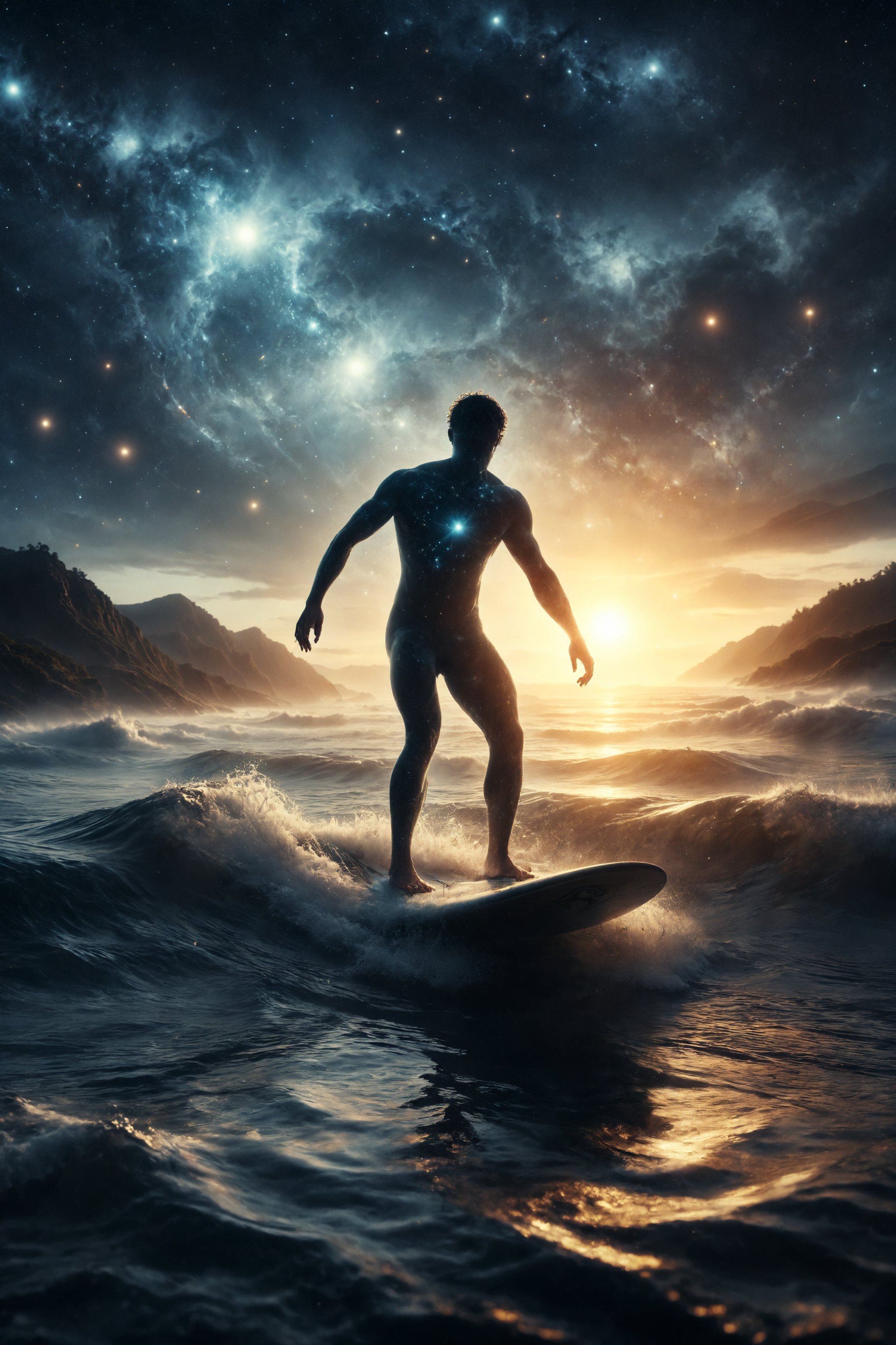 Design a scene of a person surfing on waves of light in a nighttime ocean, with constellations reflecting in the water.