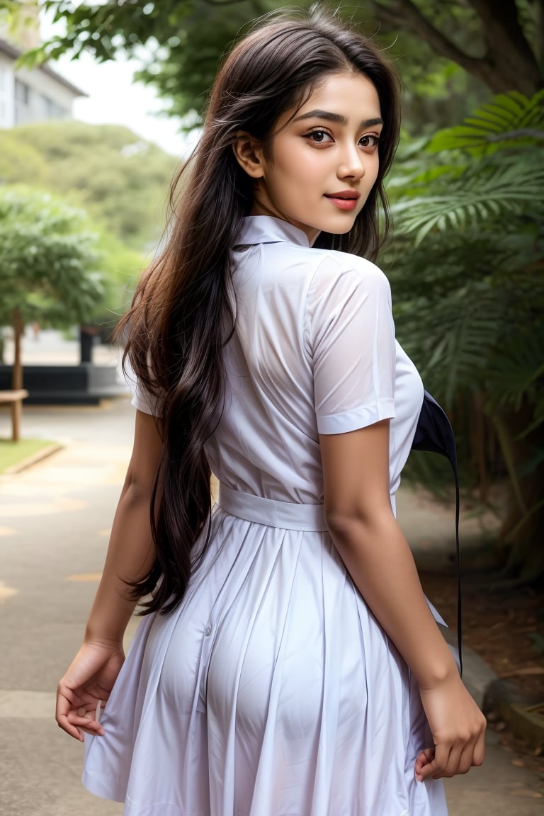 A serene Indian girl stands tall on the lush Japanese school grounds, radiant warmth emanating from her gentle smile. Her long, golden hair cascades down her back like a waterfall, as she wears crisp white uniform adorned with tie and skirt. Black boots stretch up to the hem, showcasing slender legs. The background features neatly trimmed hedges, vibrant greenery, and a brilliant blue sky. Every eyelash and freckle on her intricately rendered facial features is visible in high resolution.