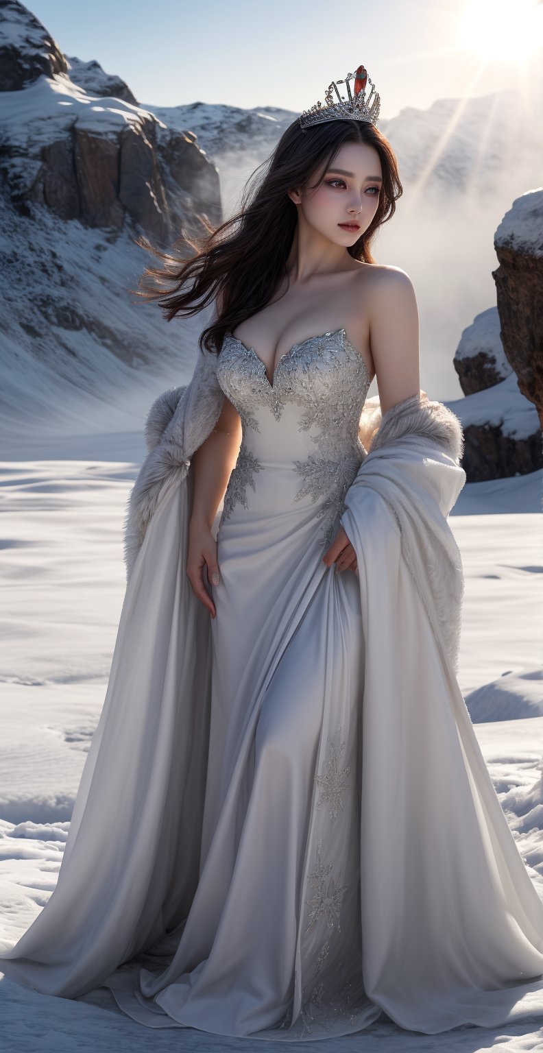 A demon queen stands regally amidst a frozen wasteland, her luminous white skin aglow under the pale light. Long, mist-like hair flows gently around her as she surveys the barren landscape with piercing, beautiful eyes. A shimmering gown wraps her curves, frost-covered crystals scattering sunlight and casting an otherworldly glow. Her gaze sweeps across the desolate terrain, exuding both stunning beauty and chilling menace. The queen's very presence seems to defy the unforgiving environment, embodying luxury and sensuality in this frozen realm.