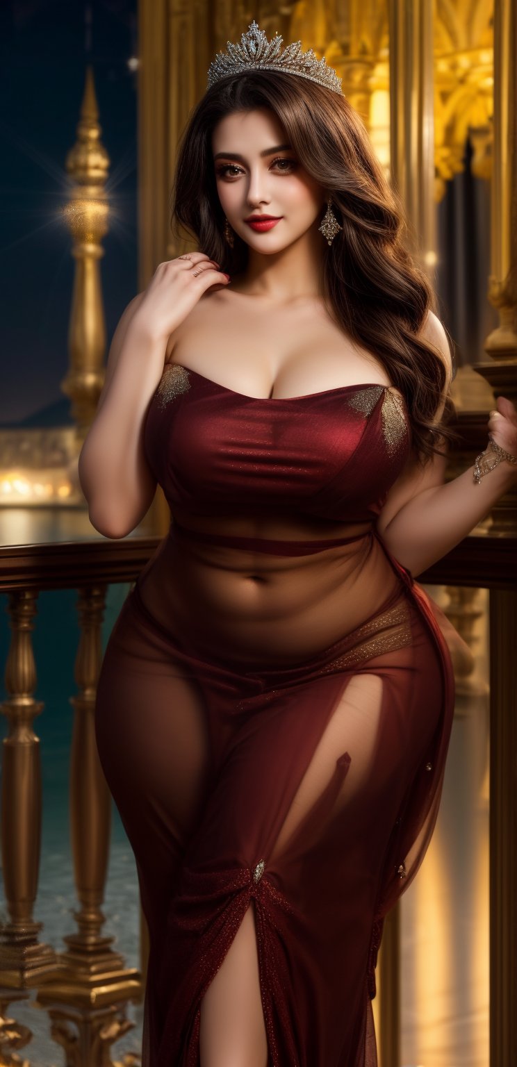 A serene woman with ravishing  dress , perfect figure, slender but curvy, entimate, , captivating the viewer's gaze. A unique designer dress accentuates her beauty, shimmering in harmony with the night air's anticipation. Sexy queen, Royalness, luxury, realistic, stunning, hot, sensual, luxurious 