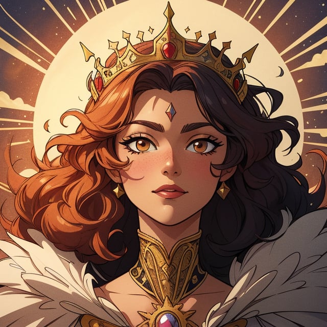 High quality, masterpiece, illustration, royal young latin woman, tanned skin, detailed hair that is curly looks like dawning sun, main character of a fantasy adventure story, whimsical, cell shaded art, detailed background, golden crown, soft light, vibrant colors, medium shot, score_7, score_8, score_9, score_8_up, nodf_lora, Color Booster, art nouveau elements