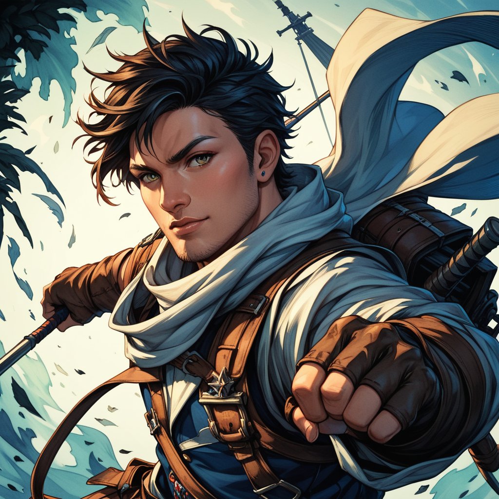 High quality, masterpiece, illustration, tanned skin, perfect face, rugged (latin american male), black windswept hair, main character of a fantasy adventure story, dynamic pose, soft light, medium shot, detailed background, fine details, cell shaded art, vibrant colors, masterpiece digital painting, exquisite lighting and composition, 8k, sharp, very detailed, high resolution, score_7, score_8_up, score_9, vDecora_SWstyle, Decora_SWstyle, more detail XL