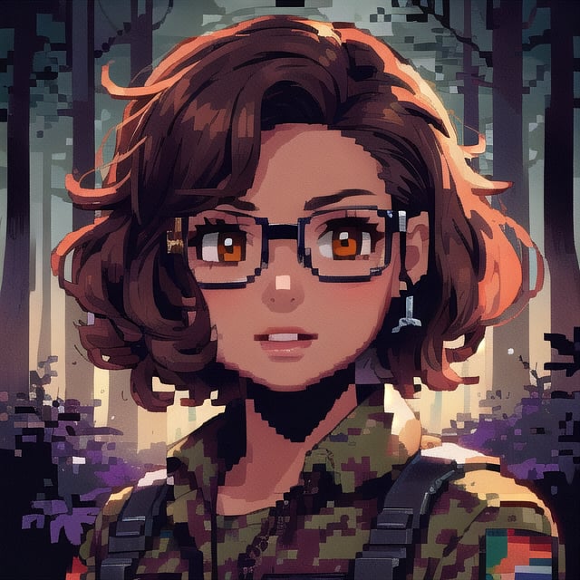 score_7_up, score_8_up, score_9, high quality, high detail, high resolution, masterpiece, illustration, cell shaded art, (latin american, Latina face, (1girl)), tan skin, dark brown ((curly)) shoulder length hair, glasses, (sci-fi contract mercenary, modern Military setting), detailed dark forest background, soft light, mid shot, fine details, vibrant colors, exquisite lighting and composition, 8k, comic cartoon