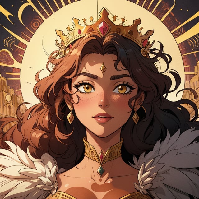 High quality, masterpiece, illustration, royal young latin woman, tanned skin, detailed hair that is curly looks like dawning sun, main character of a fantasy adventure story, whimsical, cell shaded art, detailed background, golden crown, soft light, vibrant colors, medium shot, score_7, score_8, score_9, score_8_up, nodf_lora, Color Booster, art nouveau elements