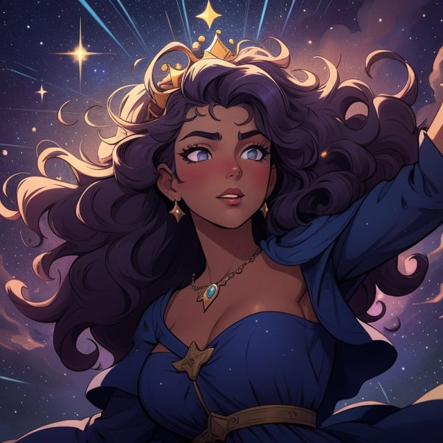 High quality, masterpiece, illustration, royal young latin american woman, tanned skin, detailed hair that is curly looks like starry night sky, main character of a fantasy adventure story, whimsical, cell shaded art, detailed background, starry crown, soft light, vibrant colors, medium shot, dynamic pose, score_7, score_8, score_9, score_8_up, nodf_lora, Color Booster