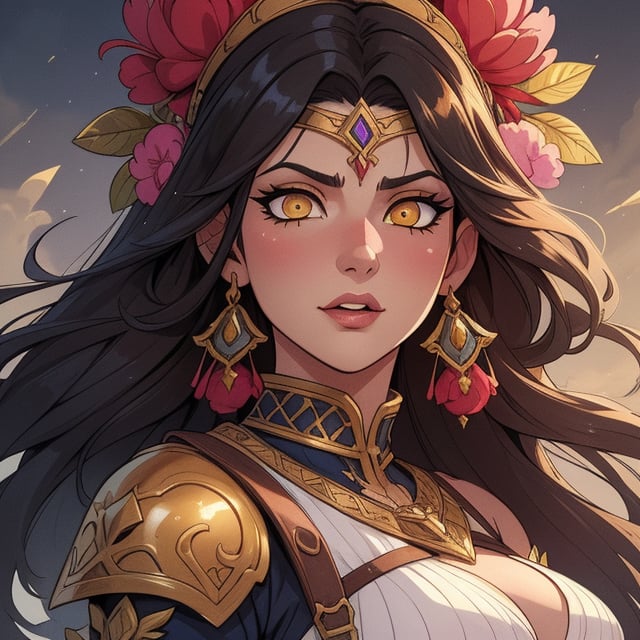 High quality, masterpiece, illustration, warrior empress, young latin woman, golden eyes, villain of a medieval fantasy adventure story, cell shaded art, detailed, soft light, vibrant colors, medium shot,score_7, score_8, score_9, score_8_up, nodf_lora, Color Booster,Style 