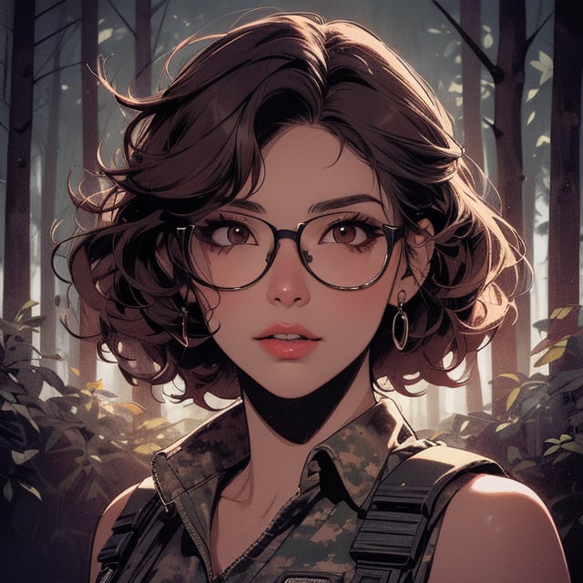 score_7_up, score_8_up, score_9, high quality, high detail, high resolution, masterpiece, illustration, cell shaded art, (latin american, Latina face, (1girl)), tan skin, dark brown ((curly)) shoulder length hair, glasses, (sci-fi contract mercenary, modern Military setting), detailed dark forest background, soft light, mid shot, fine details, vibrant colors, exquisite lighting and composition, 8k, comic cartoon