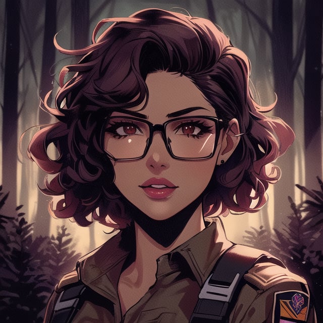 score_7_up, score_8_up, score_9, high quality, high detail, high resolution, masterpiece, illustration, cell shaded art, (latin american, Latina face, (1girl)), tan skin, dark brown ((curly)) shoulder length hair, glasses, (sci-fi contract mercenary, modern Military setting), detailed dark forest background, soft light, mid shot, fine details, vibrant colors, exquisite lighting and composition, 8k, comic cartoon