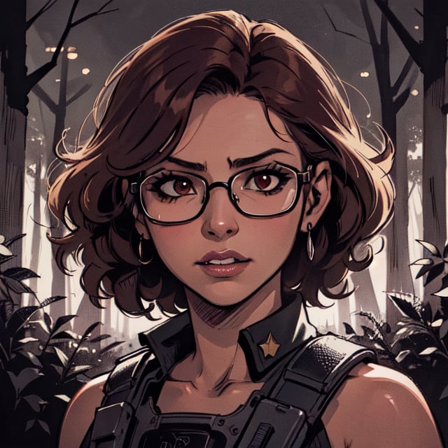 score_7_up, score_8_up, score_9, high quality, high detail, high resolution, masterpiece, illustration, cell shaded art, (latin american, Latina face, (1girl)), tan skin, dark brown ((curly)) shoulder length hair, glasses, (sci-fi contract mercenary, modern Military setting), detailed dark forest background, soft light, mid shot, fine details, vibrant colors, exquisite lighting and composition, 8k, comic cartoon