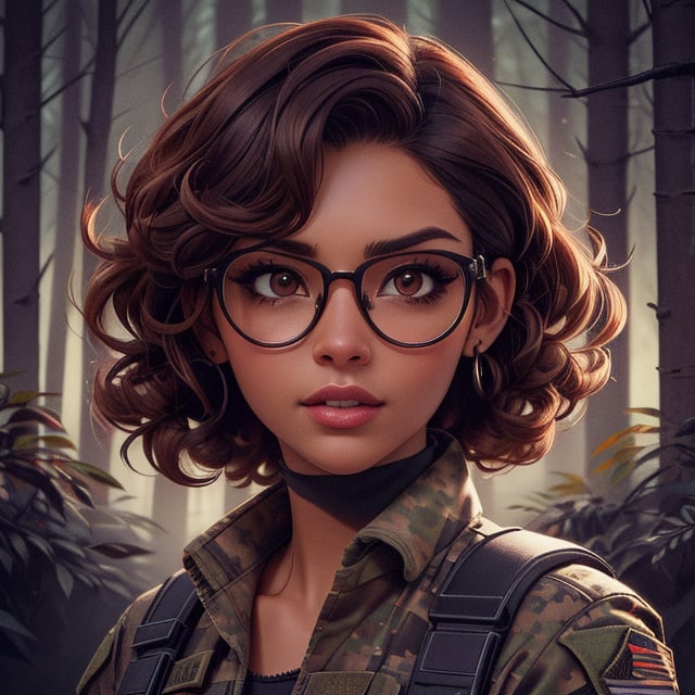 score_7_up, score_8_up, score_9, high quality, high detail, high resolution, masterpiece, illustration, cell shaded art, (latin american, Latina face, (1girl)), tan skin, dark brown ((curly)) shoulder length hair, glasses, (sci-fi contract mercenary, modern Military setting), detailed dark forest background, soft light, mid shot, fine details, vibrant colors, exquisite lighting and composition, 8k, comic cartoon