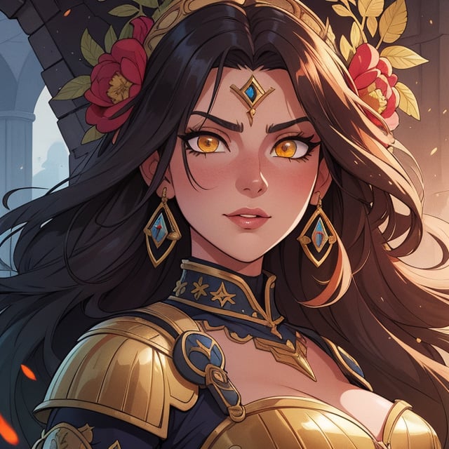 High quality, masterpiece, illustration, warrior empress, young latin woman, golden eyes, villain of a medieval fantasy adventure story, cell shaded art, detailed, soft light, vibrant colors, medium shot,score_7, score_8, score_9, score_8_up, nodf_lora, Color Booster