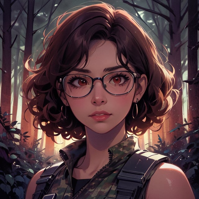 score_7_up, score_8_up, score_9, high quality, high detail, high resolution, masterpiece, illustration, cell shaded art, (latin american, Latina face, (1girl)), tan skin, dark brown ((curly)) shoulder length hair, glasses, (sci-fi contract mercenary, modern Military setting), detailed dark forest background, soft light, mid shot, fine details, vibrant colors, exquisite lighting and composition, 8k, comic cartoon