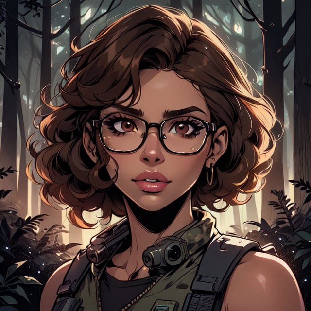 score_7_up, score_8_up, score_9, high quality, high detail, high resolution, masterpiece, illustration, cell shaded art, (latin american, Latina face, (1girl)), tan skin, dark brown ((curly)) shoulder length hair, glasses, (sci-fi contract mercenary, modern Military setting), detailed dark forest background, soft light, mid shot, fine details, vibrant colors, exquisite lighting and composition, 8k, comic cartoon