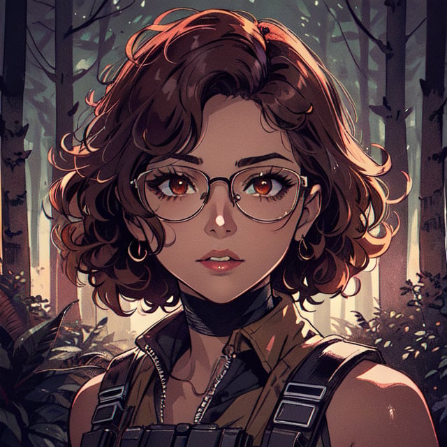 score_7_up, score_8_up, score_9, high quality, high detail, high resolution, masterpiece, illustration, cell shaded art, (latin american, Latina face, (1girl)), tan skin, dark brown ((curly)) shoulder length hair, glasses, (sci-fi contract mercenary, modern Military setting), detailed dark forest background, soft light, mid shot, fine details, vibrant colors, exquisite lighting and composition, 8k, comic cartoon