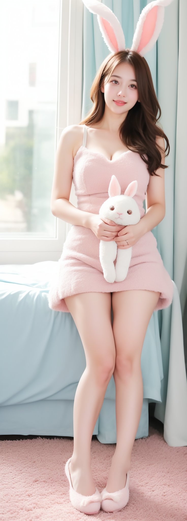 beautiful illustration, best quality, cute girl, bedroom, pastel color, fluffy bunny ears, full_body, silver long hair, rabbit stuffed toy, bright lighting, light pink eyes, background,scenery,CrclWc,CuteSt1,WtrClr