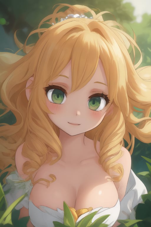 A majestic portrait of a stunning princess, her golden blonde locks cascading down her porcelain skin like a river of sunlight. Her piercing green gaze captivates the viewer, a radiant sparkle dancing in the irises. Softly lit from above, the warm glow accentuates her delicate features and gentle smile, set against a serene background of white or cream to let her ethereal beauty shine.