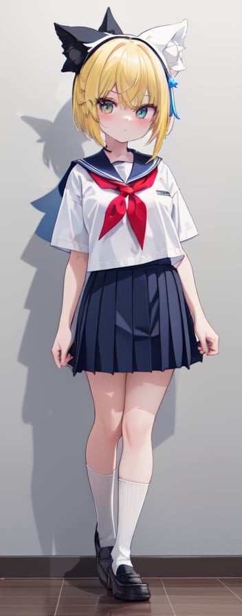 1girl, solo, yellow hair looking at viewer, skirt, shirt, school uniform, standing, full body, white shirt, short sleeves, pleated skirt, shoes, serafuku, socks, sailor collar, black footwear, blue skirt, neckerchief, kneehighs, white socks, blue sailor collar, loafers, red neckerchief,