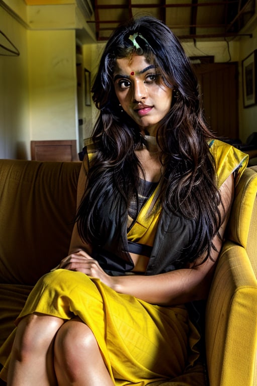 beautiful cute young attractive indian teenage girl, village girl, 20 years old, cute,  Instagram model, long black_hair, colorful hair, warm, dacing, in home sit at  sofa, indian,tall woman with yellow eyes,Mallu 