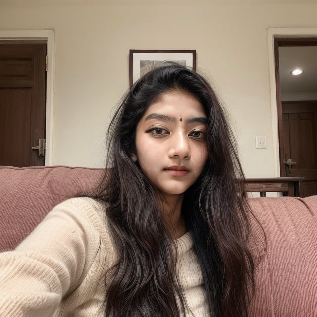 beautiful cute young attractive indian teenage girl, village girl, 20 years old, cute,  Instagram model, long black_hair, colorful hair, warm, dacing, in home sit at  sofa, indian,tall woman with yellow eyes