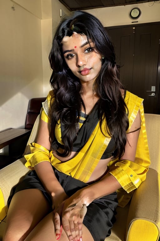 beautiful cute young attractive indian teenage girl, village girl, 20 years old, cute,  Instagram model, long black_hair, colorful hair, warm, dacing, in home sit at  sofa, indian,tall woman with yellow eyes,Mallu 