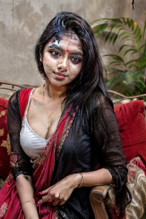 beautiful cute young attractive indian teenage girl, village girl, 18 years old, cute,  Instagram model, long black_hair, colorful hair, warm, dacing, in home sit at  sofa, indian