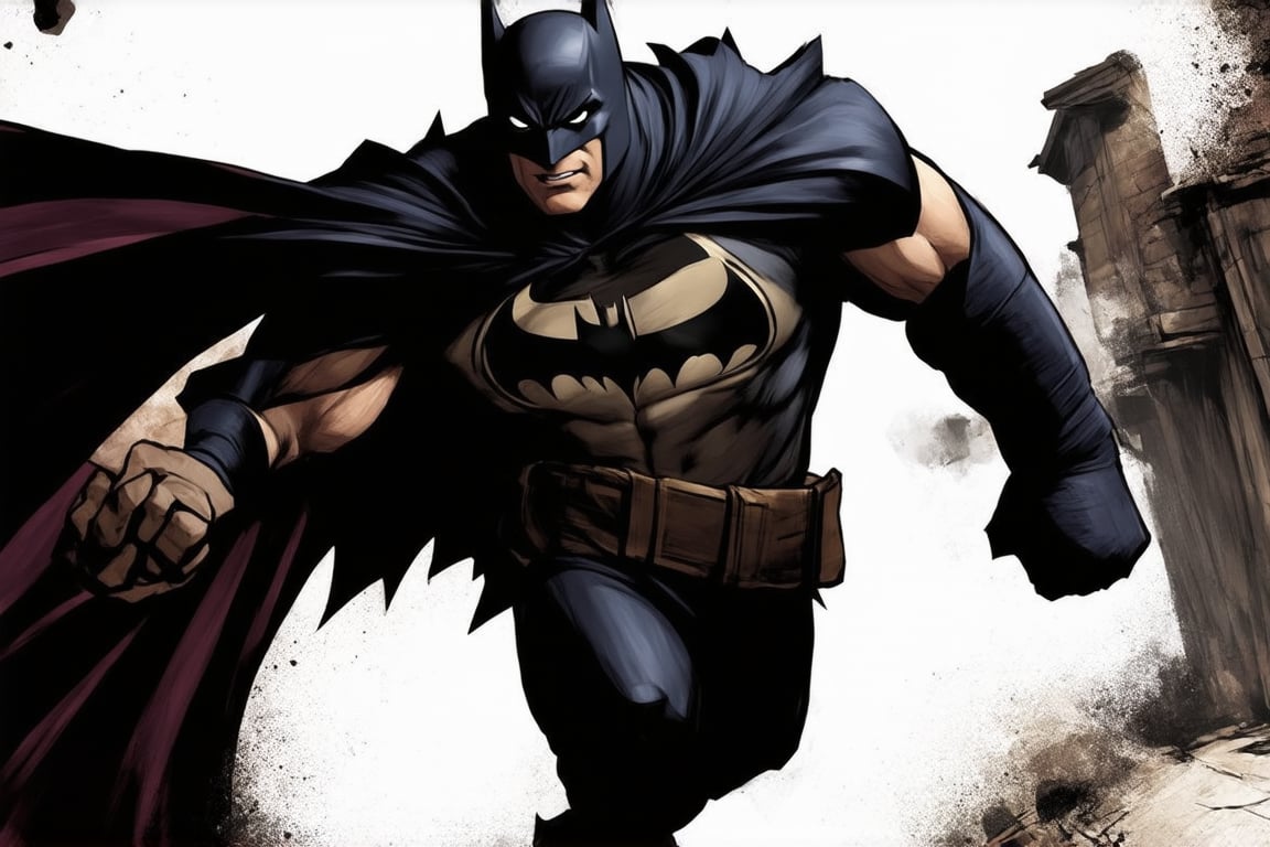 douqi,Close-up illustration of Batman's upper torso, showcasing his intense fighting stance: fists clenched, eyes narrowed, and cape fluttering behind him. Dark, muted tones dominate the scene, with subtle shading highlighting the Caped Crusader's rugged features. A gritty cityscape or abandoned alleyway serves as the backdrop, further emphasizing Batman's gritty determination to take down the villains.