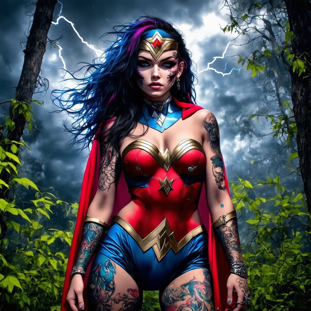 punkgg,Wonder Woman stands tall in a lush forest, her iconic red and blue costume glowing in the warm sunlight that filters through the treetops. Her long hair flows wildly in every direction, matching the chaos of her surroundings. A fierce storm brews behind her, with lightning illuminating the dark clouds and powerful gusts whipping her cape into a frenzy.,jewerlry,piercing,portrait,make_up,tattoo,punk