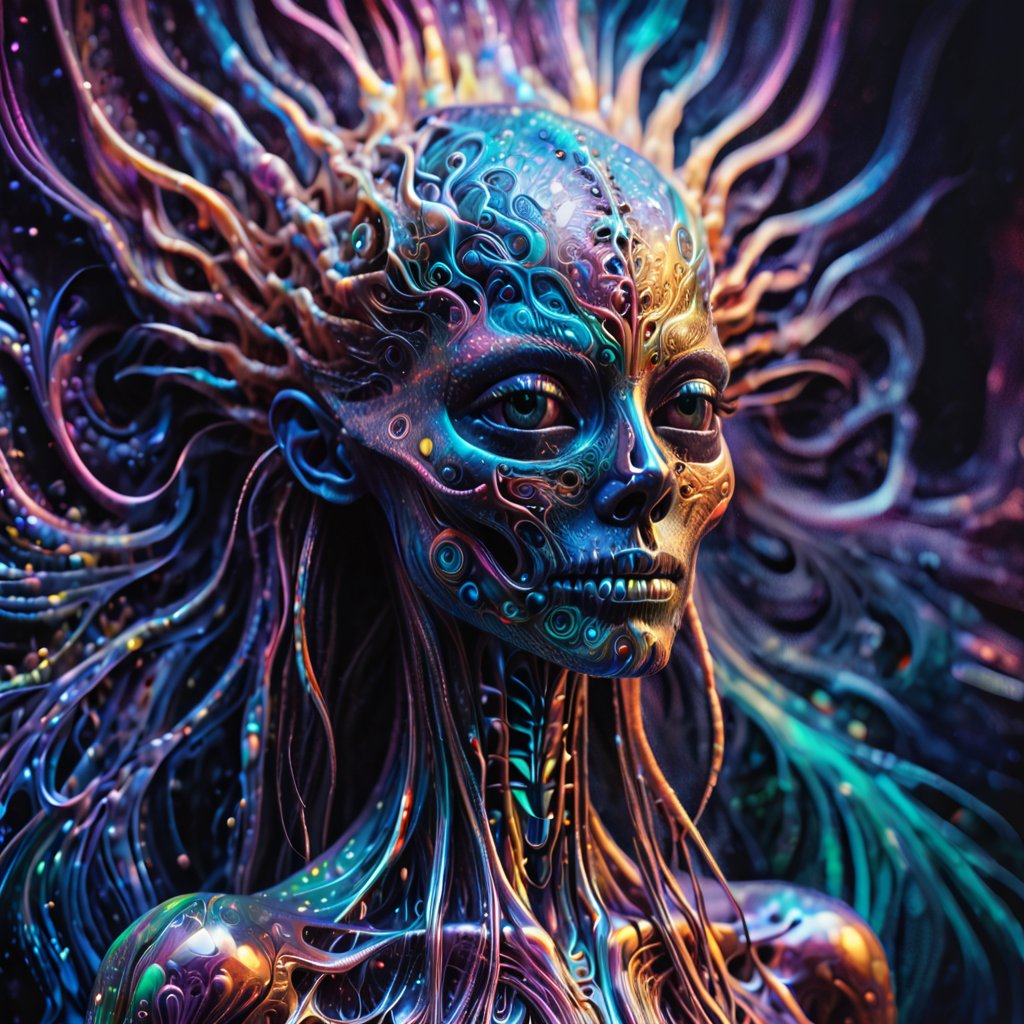 A shimmering ethereal spychedelic female  alien, its translucent skin glows with an otherworldly light, casting a mesmerizing aura. The main subject is a creature with iridescent tentacles flowing behind it, giving off a sense of movement and grace. This breathtaking scene is captured in a hyper-realistic acrylic painting, where every brushstroke seems to bring the alien to life. The intricate details, from the tiny flecks of color in its eyes to the subtle gradations in its skin, make this image a true masterpiece of visual storytelling,psychedelicv2lora,Glitched skull