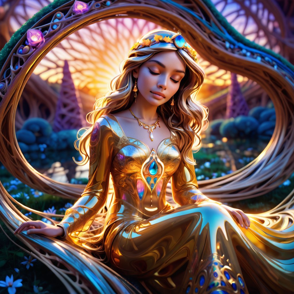 Golden-eyed Jasmine Waifu reclines in a surreal 4K landscape, her very long hair swirling like ethereal tendrils amidst vibrant fractals. Soft, golden light bathes her full-body portrait, highlighting the delicate curves of her face and the lush locks framing it. In the distance, kaleidoscopic colors dance across the scene, as if infused by the DMT dream's mystical energy.