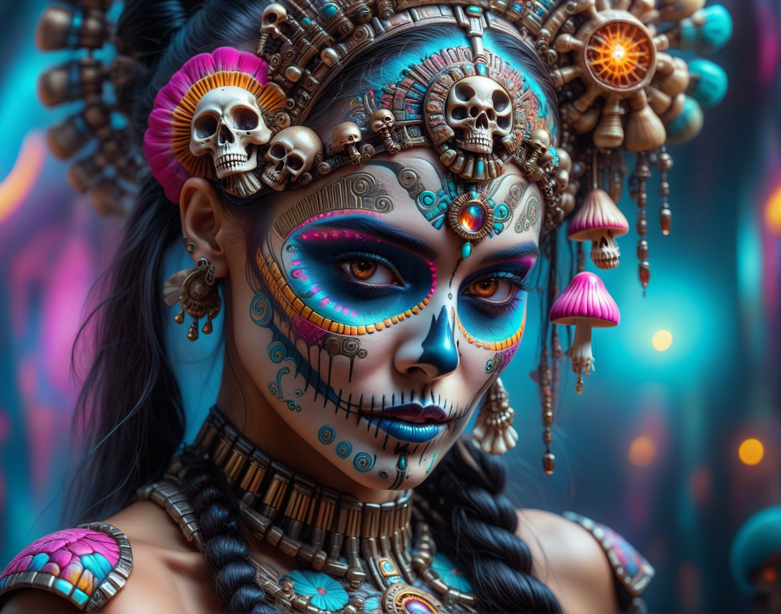 a close up of a woman with a skull spychedelic makeup and mushroom, close-up portrait goddess spychedelic beauty, aztec princess portrait, queen of the dead, 8 k, portrait of a cyborg queen, 4k highly detailed digital art, detailed painting 4 k,  cyberpunk cyborg, 