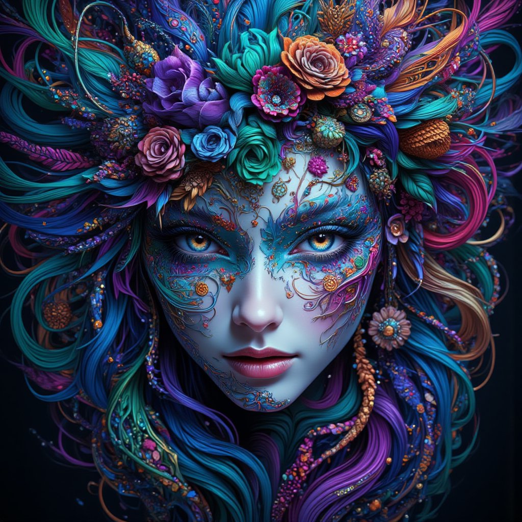 create me something beautiful, with psychedelic color neo with many fractal like in a DMT dream, psychedelic trip,with perfect women face,fluxtration, long hair blue and green