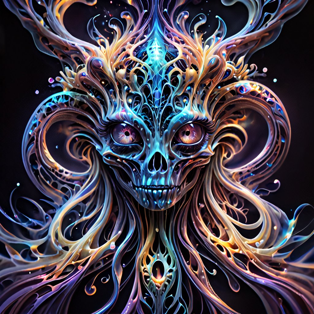 A shimmering ethereal alien in a DMT dream, its translucent skin glows with an otherworldly light, casting a mesmerizing aura. The main subject is a creature with iridescent tentacles flowing behind it, giving off a sense of movement and grace. This breathtaking scene is captured in a hyper-realistic acrylic painting, where every brushstroke seems to bring the alien to life. The intricate details, from the tiny flecks of color in its eyes to the subtle gradations in its skin, make this image a true masterpiece of visual storytelling.,epoxy_skull