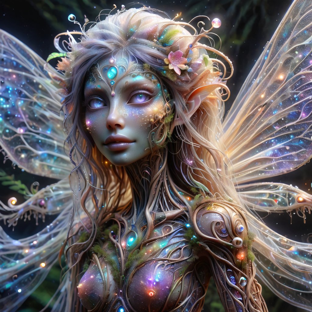 A shimmering ethereal spychedelic female fairy alien, its translucent skin glows with an otherworldly light, casting a mesmerizing aura. The main subject is a creature with iridescent tentacles flowing behind it, giving off a sense of movement and grace. This breathtaking scene is captured in a hyper-realistic acrylic painting, where every brushstroke seems to bring the alien to life. The intricate details, from the tiny flecks of color in its eyes to the subtle gradations in its skin, make this image a true masterpiece of visual storytelling.,epoxy_skull,Fairy,psychedelicv2lora