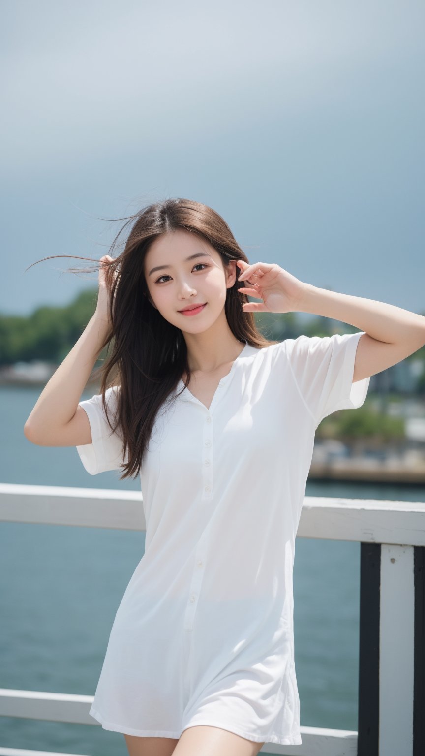 girl 1, ultra high definition, wind blowing hair, brown eyes, brown hair, delicate facial features, eye smile, {{{masterpiece}}}, {{highest quality}}, high resolution, high definition, natural movements of everyday life, dockside, pose, dark blue,Soojin ,