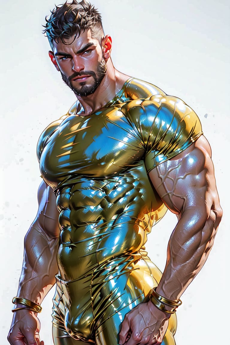 A  bearded muscular handsome ancient roman gladiators in their 40s  in a sunned dusty arena. beautiful   shirtless body just wearing yelliw blue gold latex suite and bracelets.Inspired to sean cody's porn videos, a stunning male muscular man posing sensually standing on a white background, resembling a professional photoshoot