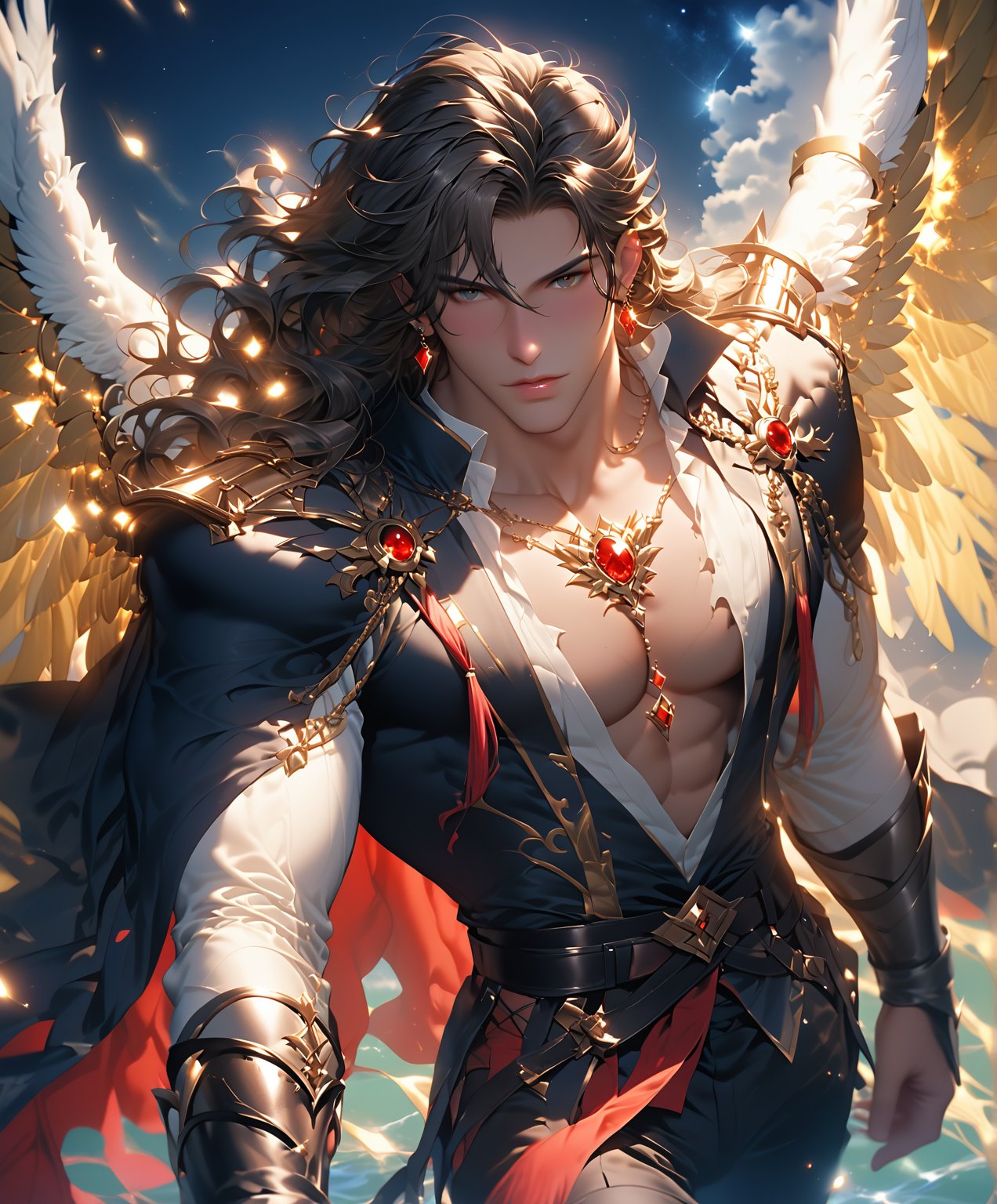 In Kawacy's anime painting style, a majestic figure emerges from the night sky's inky darkness. A man with radiant golden wings, face and chest shrouded by an otherworldly glow emanating from above, stands tall. His piercing dark eyes burn with determination beneath the veil of light. The white suit he wears is immaculate, its chest opening a glimpse into the mystery within. A dark blue cloak flows behind him like a river of night. Against this celestial backdrop, his figure seems to channel the power of the heavens, an angelic warrior or savior ready to descend and reshape the world.