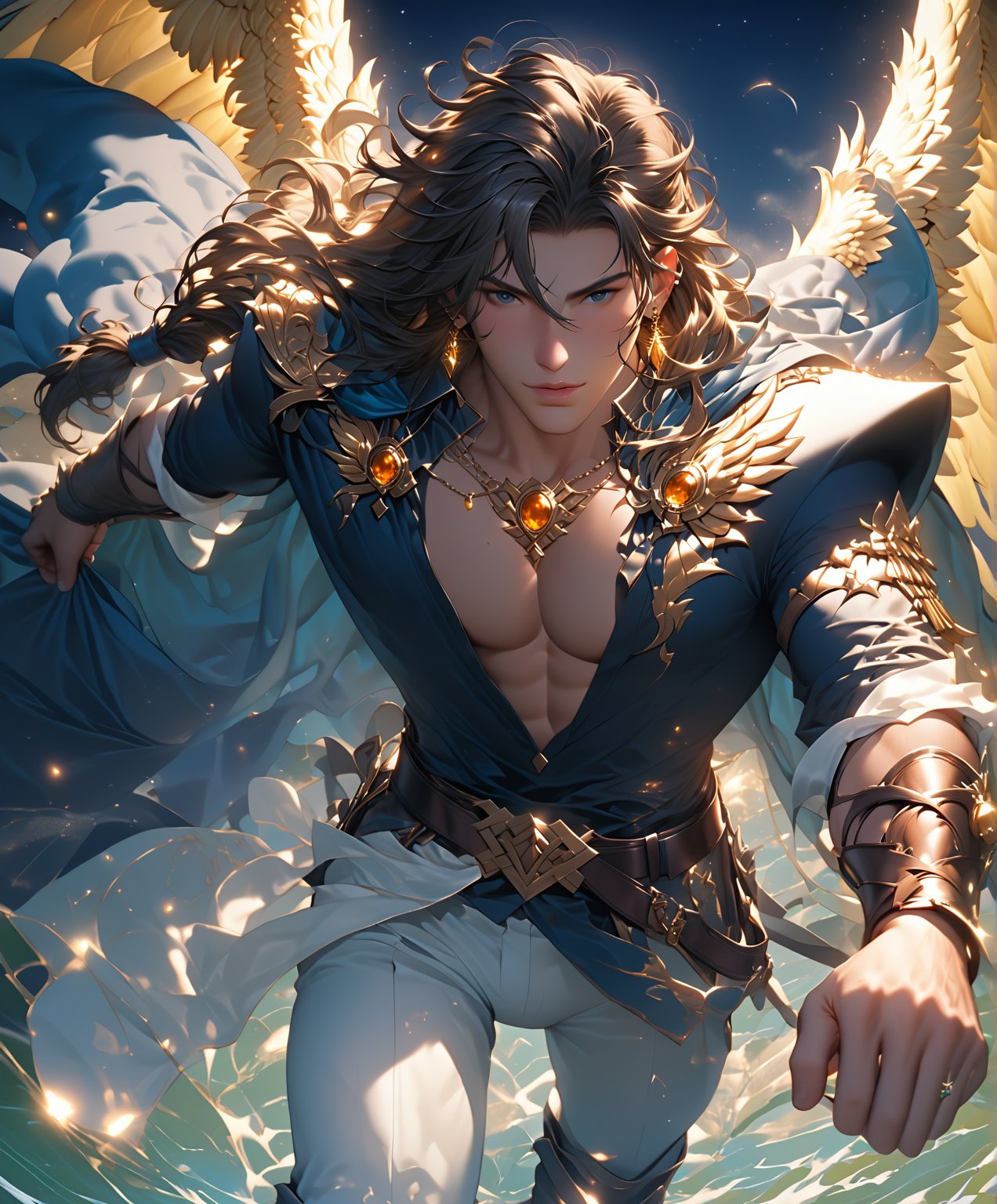 In Kawacy's anime painting style, a majestic figure emerges from the night sky's inky darkness. A man with radiant golden wings, face and chest shrouded by an otherworldly glow emanating from above, stands tall. His piercing dark eyes burn with determination beneath the veil of light. The white suit he wears is immaculate, its chest opening a glimpse into the mystery within. A dark blue cloak flows behind him like a river of night. Against this celestial backdrop, his figure seems to channel the power of the heavens, an angelic warrior or savior ready to descend and reshape the world.