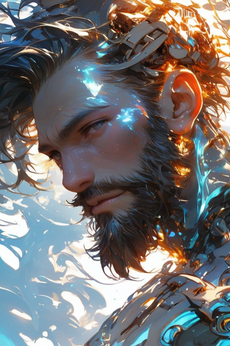 (nostalgic cocept art by Carne Griffiths, Conrad Roset) (art by brom, Simon bisley) beautiful mechanical handsome  bearded man , 3D anime man, half human , Full HD render + immense detail  + well lit + fine | ultra - detailed realism, full body art, lighting, high - quality, engraved | highly detailed | digital painting, smooth, sharp focus,, in the anime painting style of kawacy's, trending on artstation, glowing sunflare behind, 